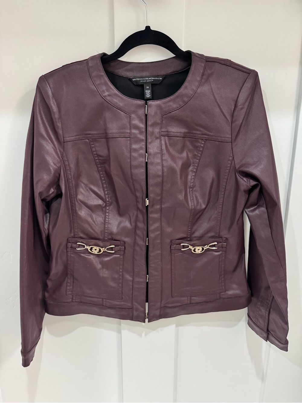 White House Black Market Plum Coated Denim Zip Jacket